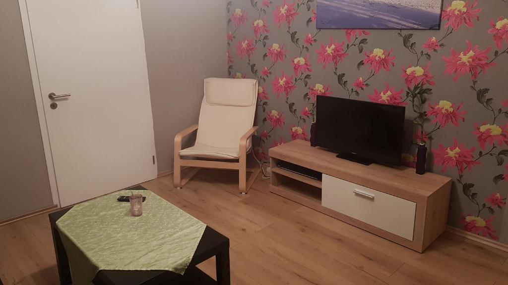 a living room with a tv and a chair at Ferienwohnung Müller in Bestwig