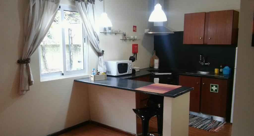 a kitchen with a counter with a microwave and a window at Alojamento Santa Cruz in Lagoa
