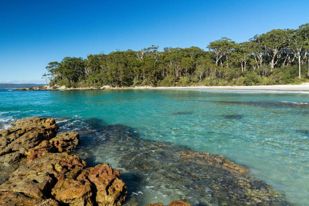a beach with blue water and rocks and trees at Gorgeous Beachside Cottage Jervis Bay in Vincentia