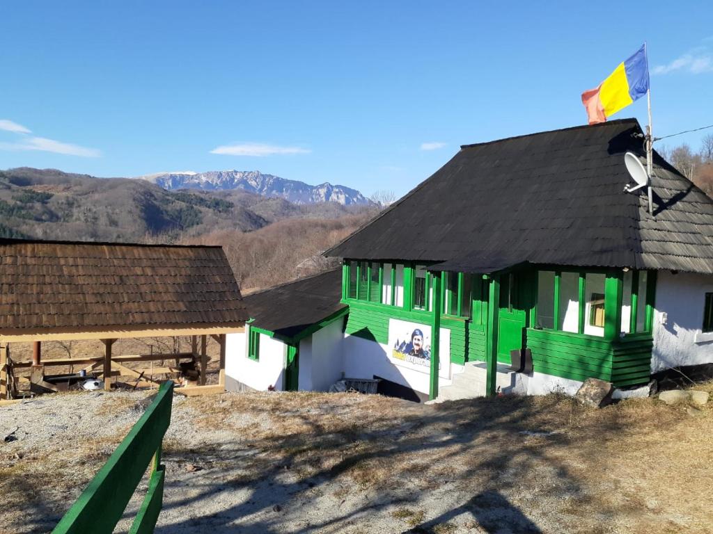 a green building with a flag on top of a hill at Casa Verde in Băile Olăneşti