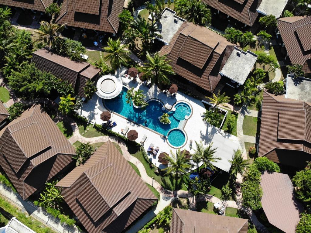 BLU PINE Villa & Pool Access - SHA Plus في شاطئ كاتا: اطلالة علوية على مسبح المنتجع مع النخيل