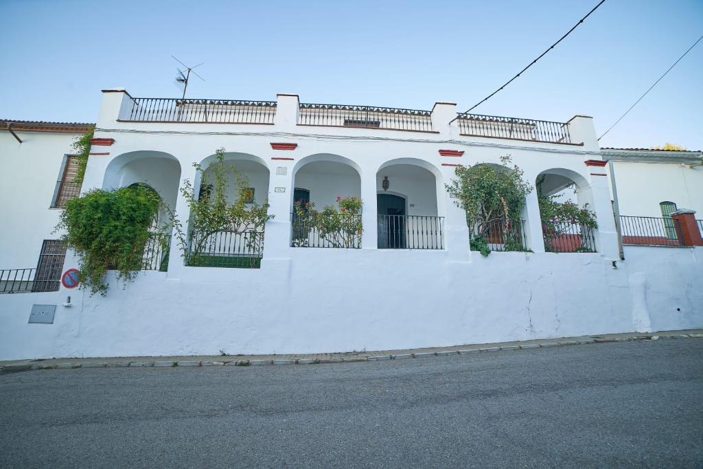 een wit gebouw met potplanten aan de zijkant bij VILLA IRENE in Fuenteheridos