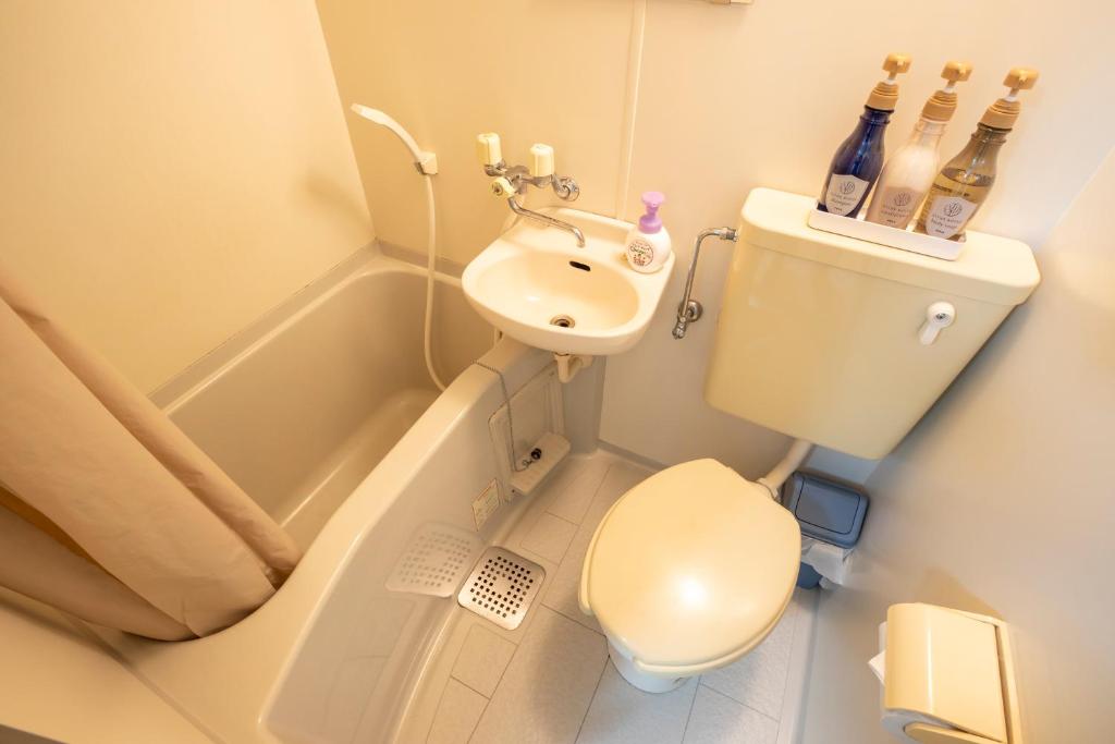 a small bathroom with a toilet and a sink at kamekamehouse in Tokashiki