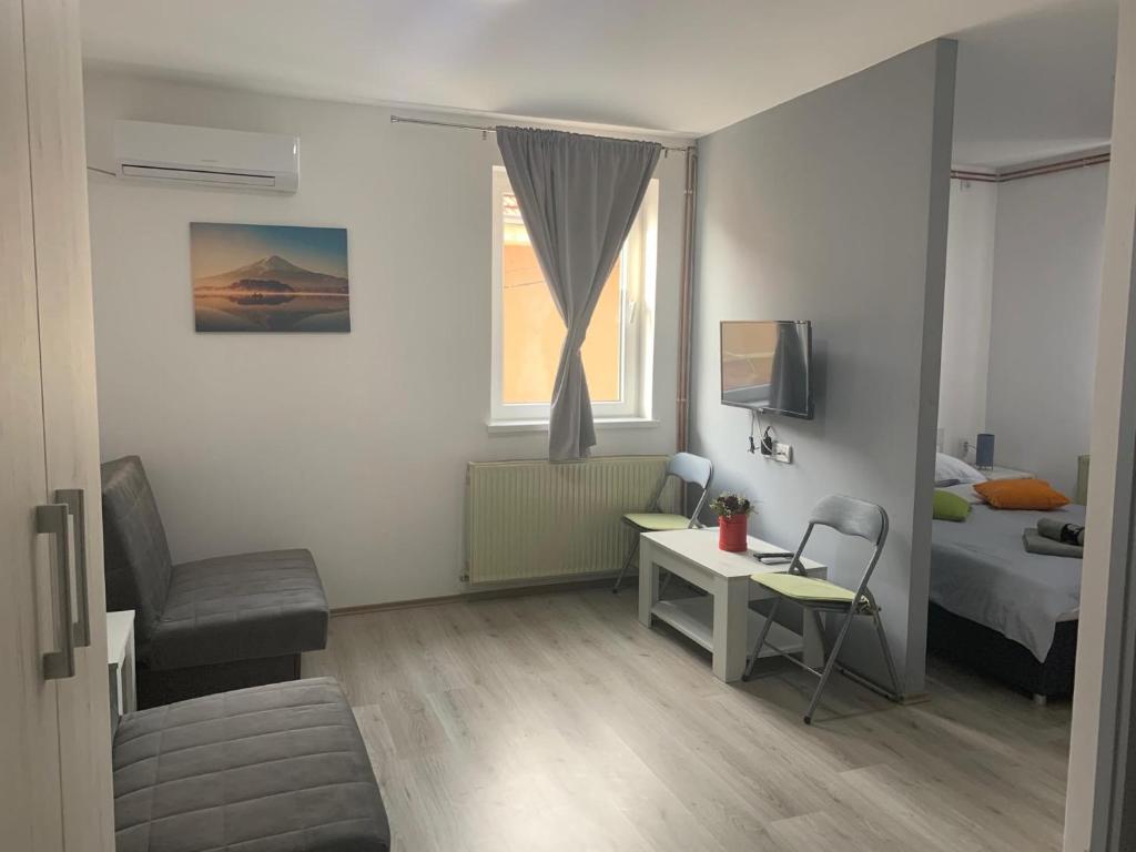 een kleine kamer met een bed, een bureau en een stoel bij La Casa in Niš