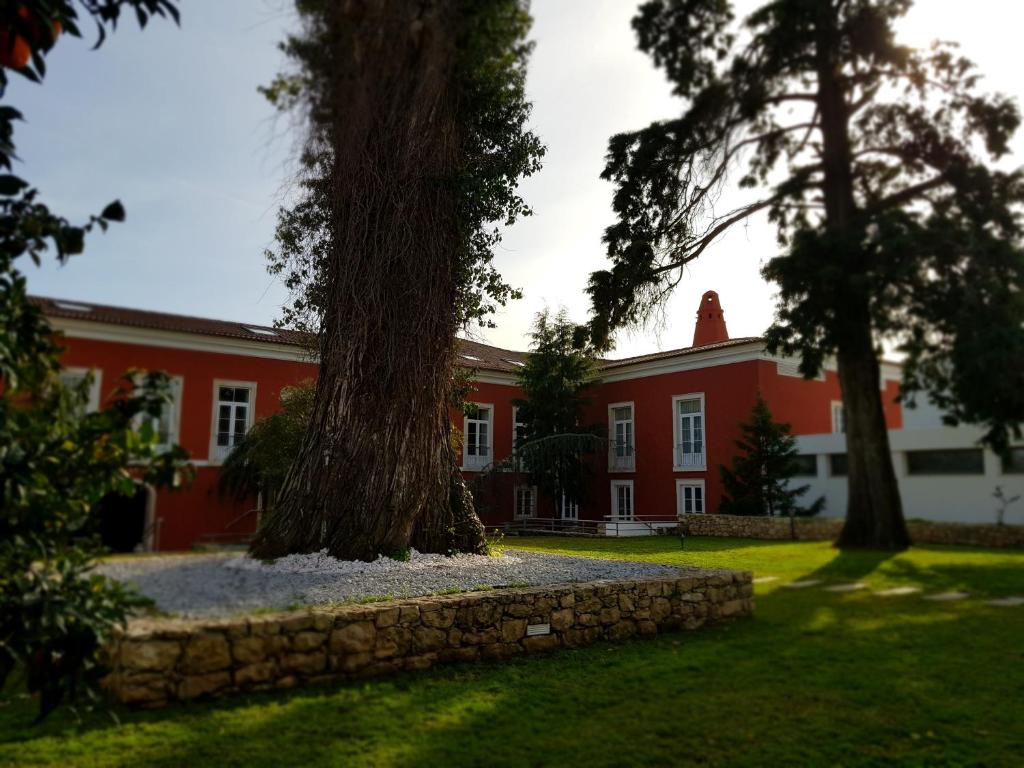 un bâtiment rouge avec un arbre devant lui dans l'établissement Palacio São Silvestre-Boutique Hotel, à Coimbra