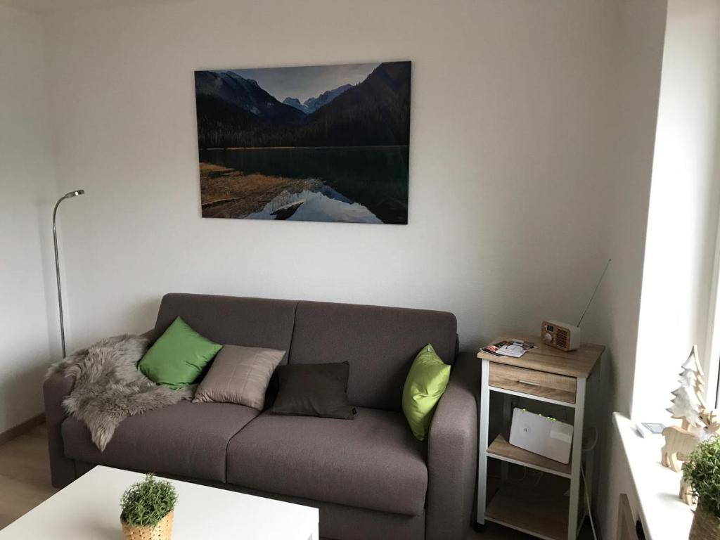 a living room with a gray couch with green pillows at Ferienapartment Resi in Willingen