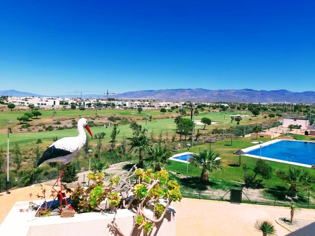 a large bird standing on the roof of a resort at Apartamento Retamar in Retamar