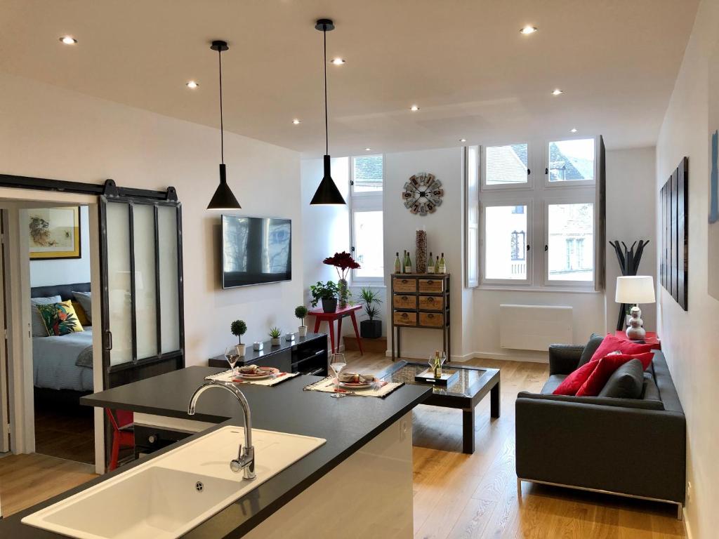 a kitchen and living room with a black counter top at La Renaissance au coeur du centre historique in Beaune