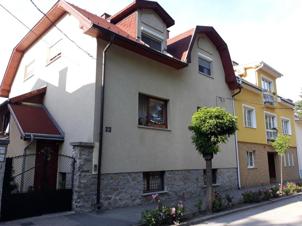 una casa amarilla y blanca con un árbol en la ventana en Flamingo Apartman en Sopron
