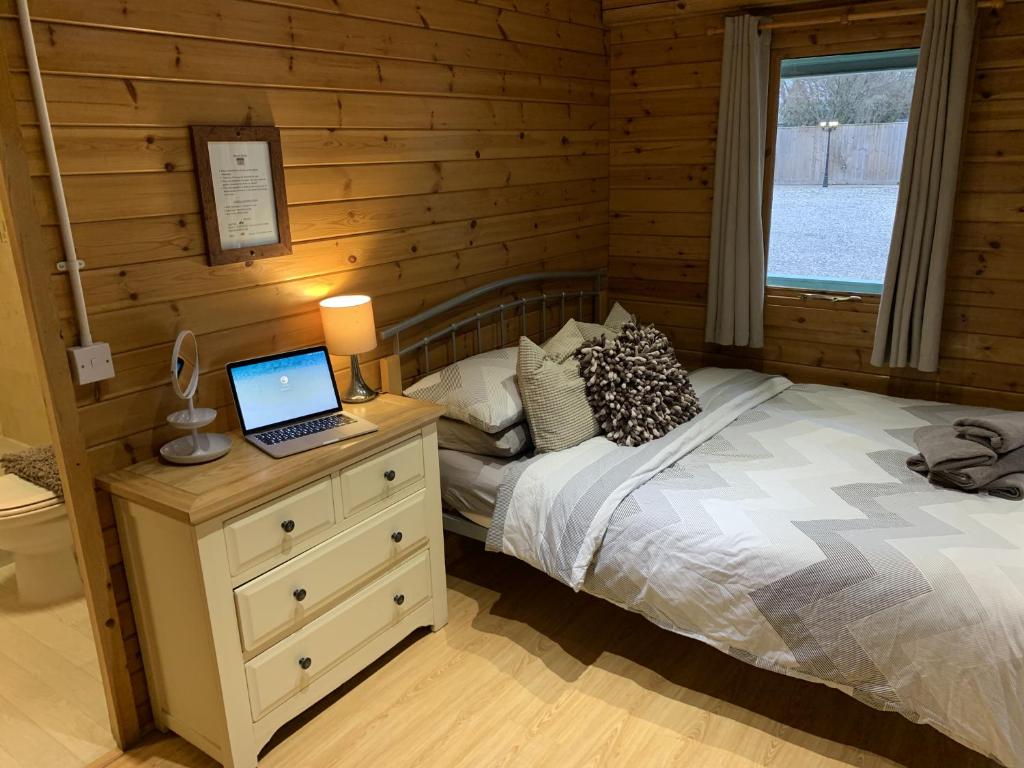 een slaapkamer met een bed en een laptop op een dressoir bij Southernwood - Garden Lodge 3 in Didcot