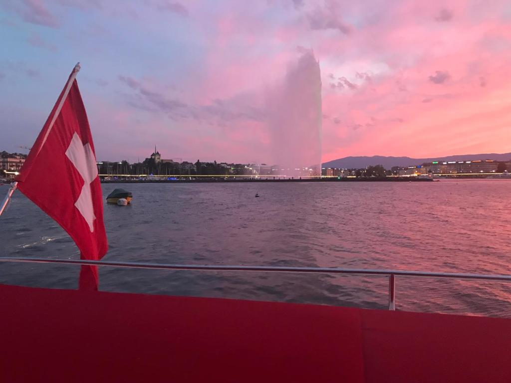 a boat in a body of water with a fountain at Floatinn Boat-BnB in Geneva