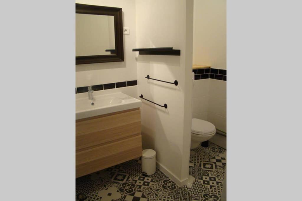 een badkamer met een wastafel, een toilet en een spiegel bij Le petit Beure in Beure