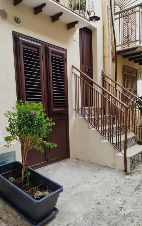 a house with a potted tree in front of a door at La Nicuzza-#historicalhouse in Agrigento