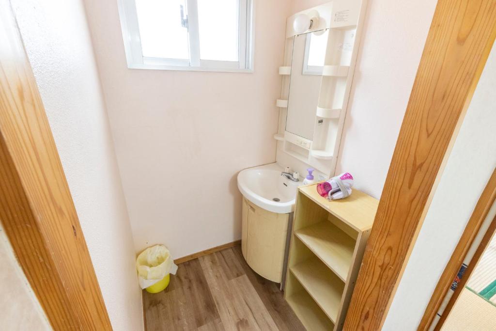 a small bathroom with a sink and a mirror at kamekamehouse in Tokashiki