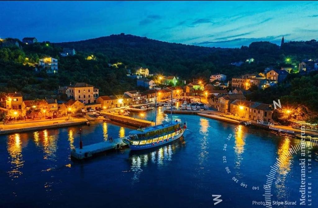 a river with boats in a town at night at Apartmani Komoseva in Mali Iž