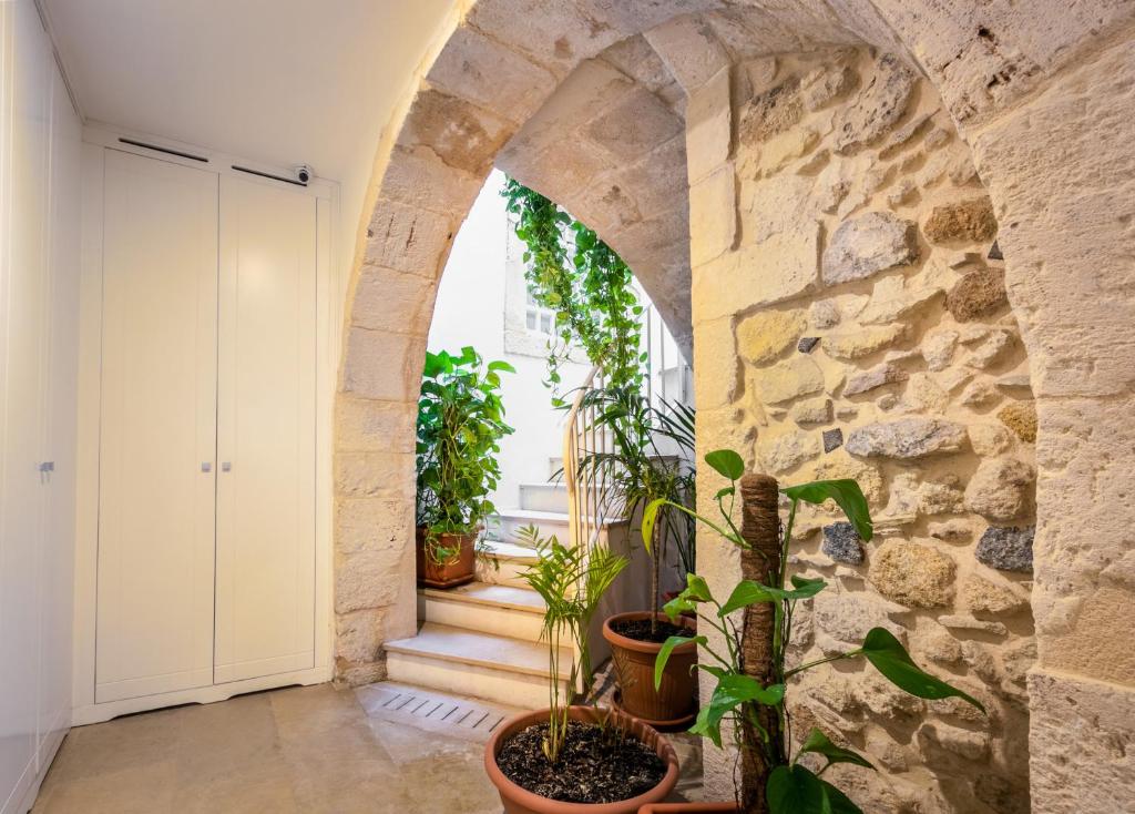 un couloir voûté avec des plantes et une fenêtre dans l'établissement Archimede apartments, à Syracuse