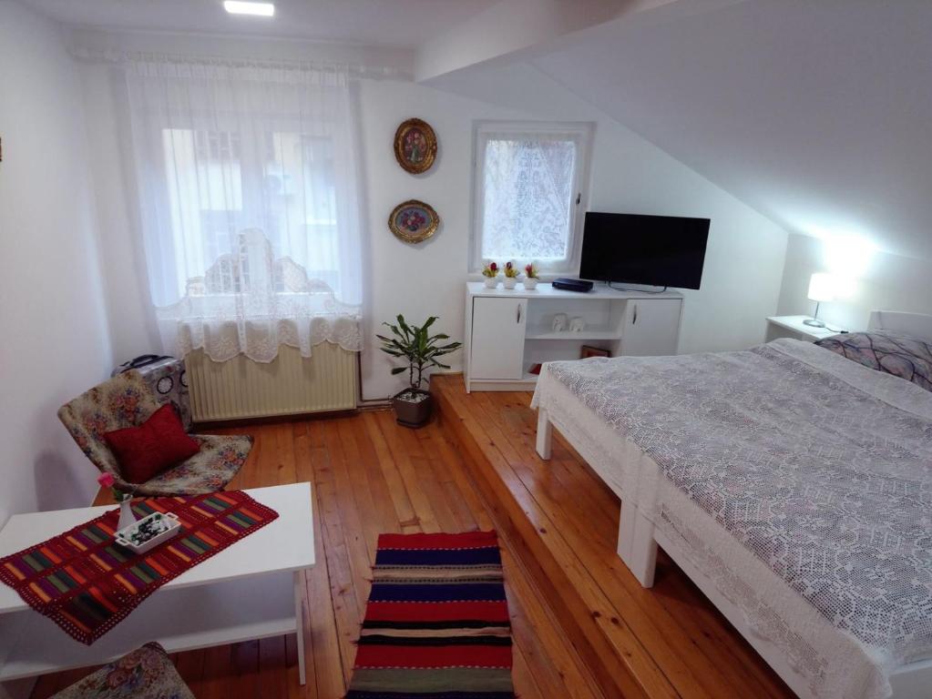 1 dormitorio con cama, mesa y TV en Mia apartment, en Belgrado