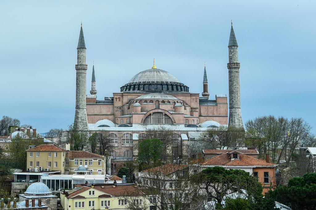 a building with two mosques in a city with houses at Basilica Guest House in Istanbul
