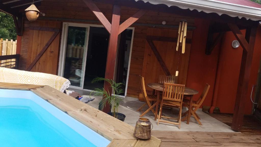 uma casa com piscina, mesa e cadeiras em Villa LA PERLE DES ANSES em Deshaies