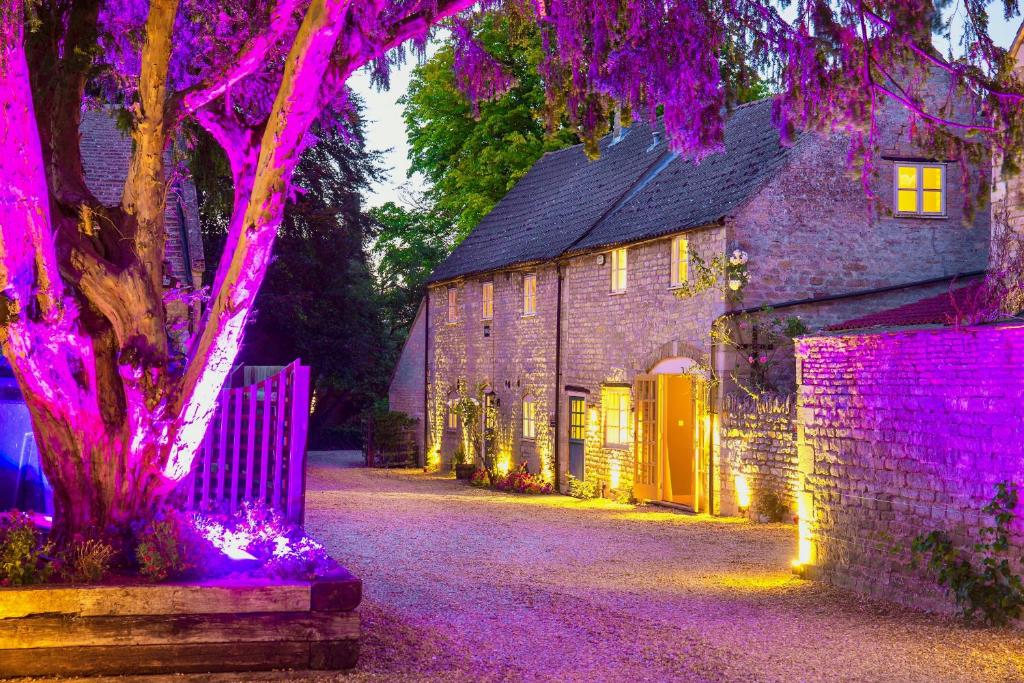 dom z fioletowymi światłami wokół drzewa w obiekcie River Nene Cottages w mieście Water Newton