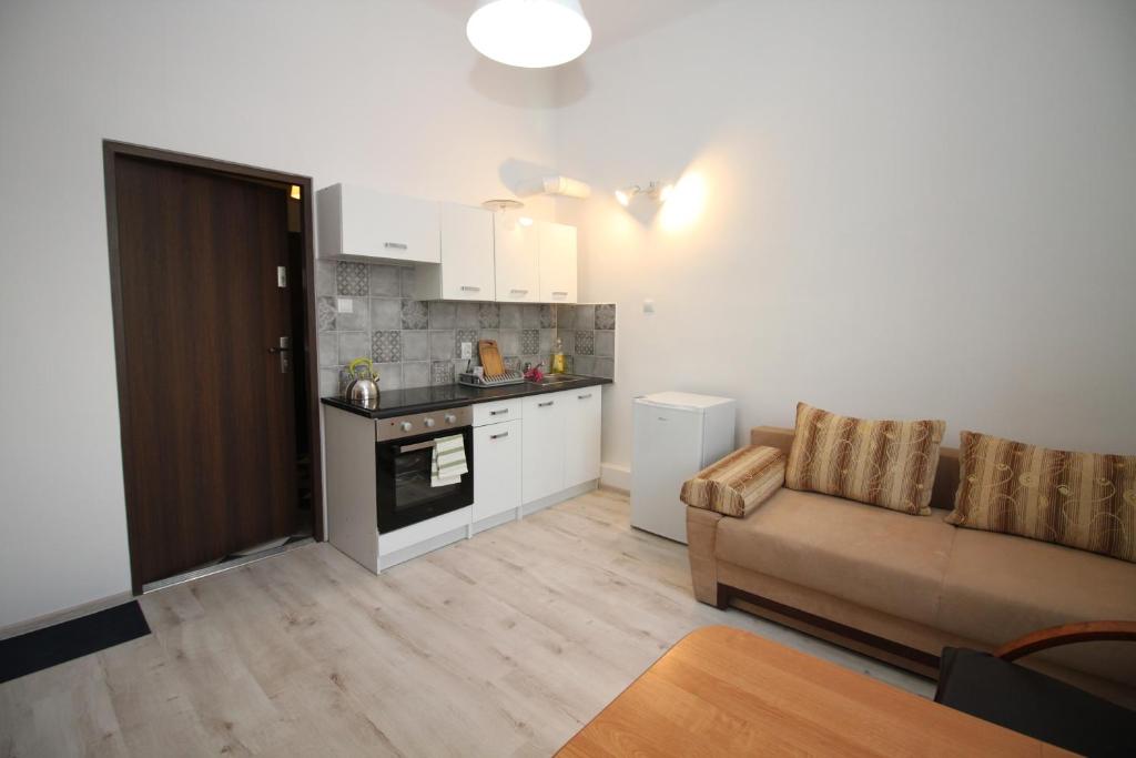 ein Wohnzimmer mit einem Sofa und einer Küche in der Unterkunft Studio Ali 1 in Sosnowiec