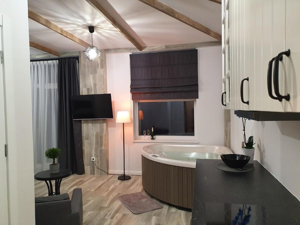 a large bathroom with a tub and a television at Apartamentai su Jacuzzi in Panevėžys