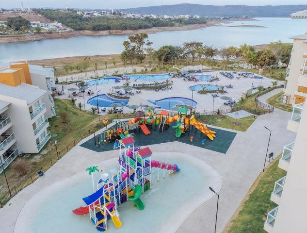 an aerial view of a water park with slides at Ilhas do Lago Eco Resort in Caldas Novas