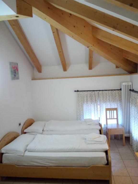 sypialnia z czterema łóżkami w pokoju z drewnianym sufitem w obiekcie Taxus Hostel w mieście Pieve Tesino