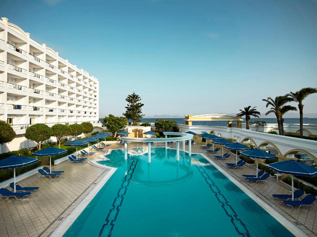 a view of the pool at the resort at Mitsis Grand Hotel in Rhodes Town