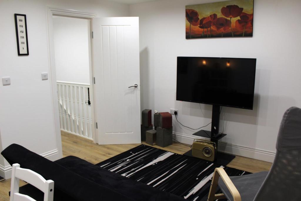 a living room with a couch and a flat screen tv at MODERN 2 BEDROOM APARTMENT IN THE HEART OF GREENWICH in London