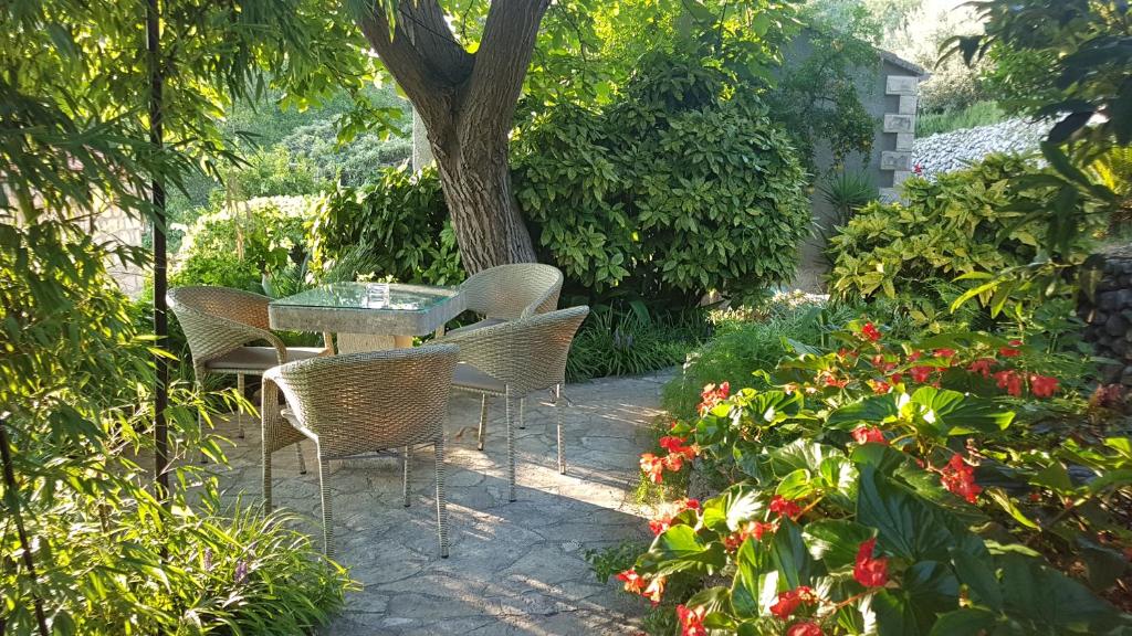Apartment Barica في ترستنو: طاولة وكراسي في حديقة بها زهور