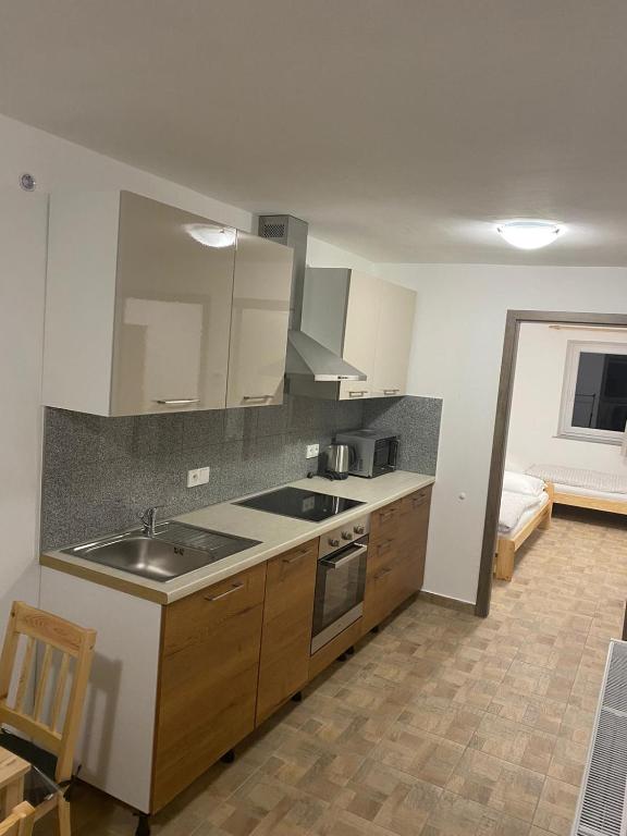 Kuchyň nebo kuchyňský kout v ubytování Apartmány Míra