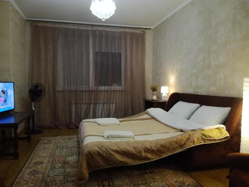 1 dormitorio con 1 cama grande y TV en Gloria park apartment, en Kiev