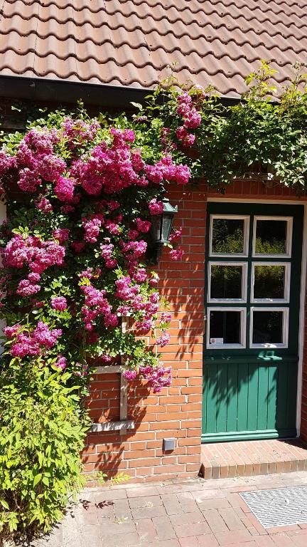 a building with pink flowers and a green door at Dat moi lüttje Ostfreesen Landhuus in Halbemond
