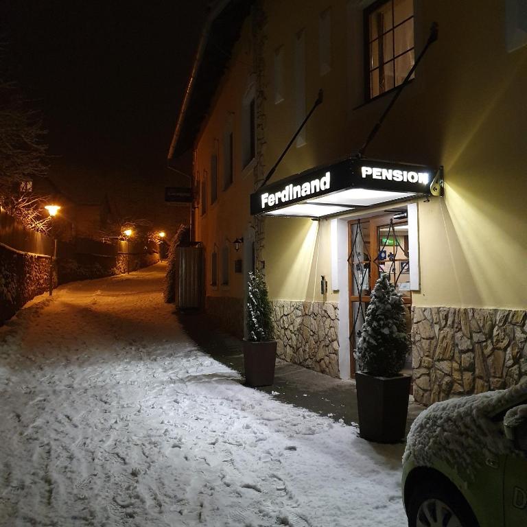 a building with a sign on the front of it at night at Ferdinand Penzion in Moldava nad Bodvou