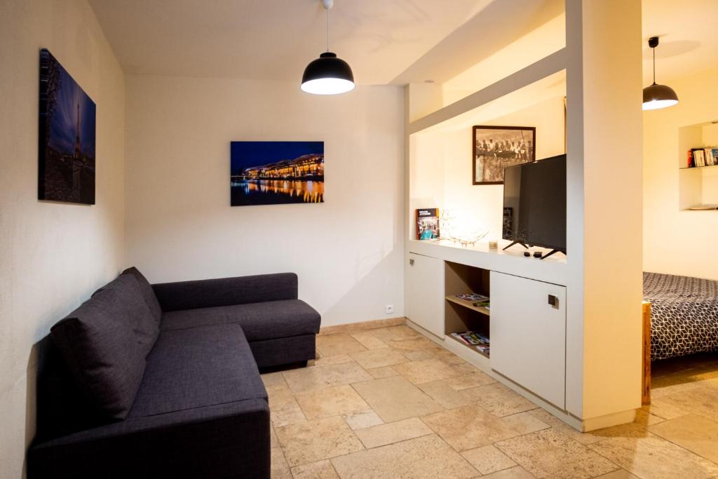 a living room with a couch and a tv at Le Relais du Clocher in Irigny