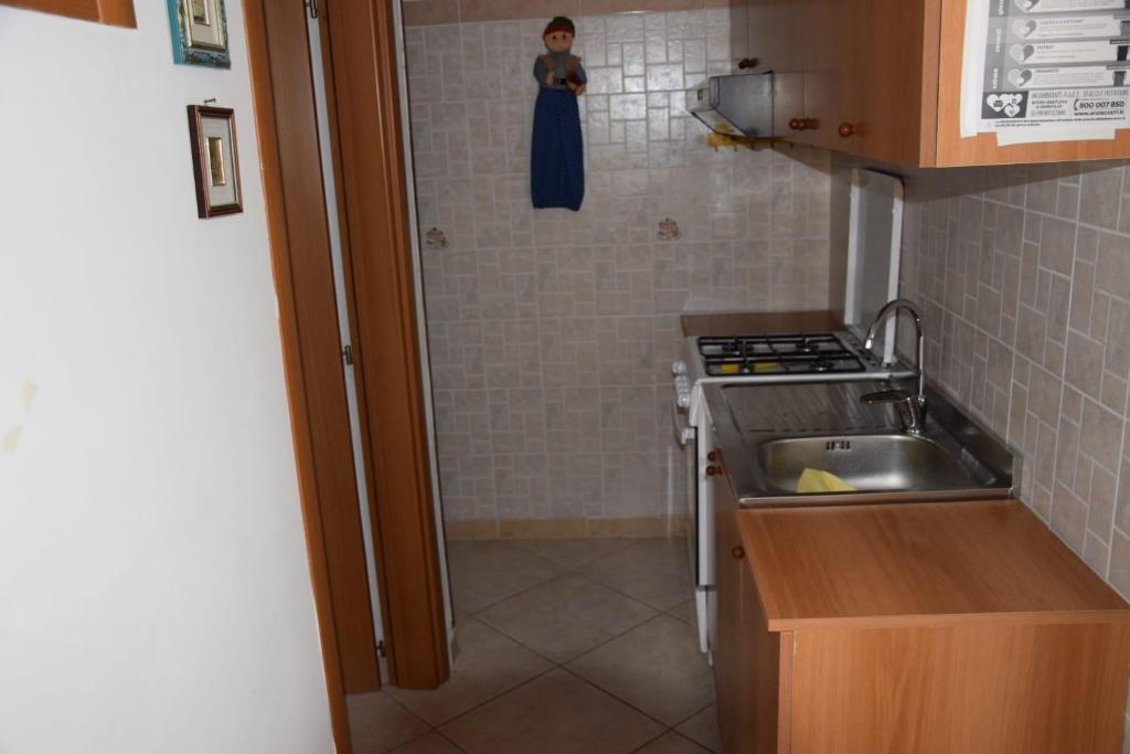 una piccola cucina con un lavandino e una donna sotto la doccia di La Casa Nella Pineta - Gallipoli a Gallipoli