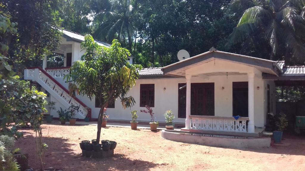 une maison blanche avec un arbre en face dans l'établissement Green Village Homestay, à Dambulla