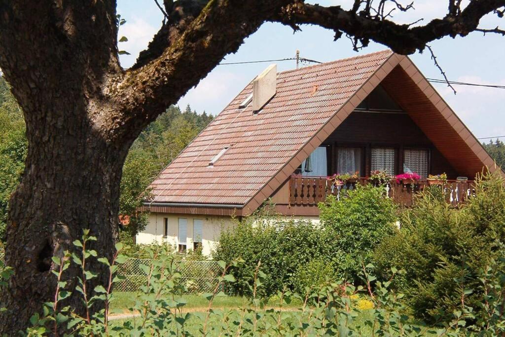 una casa con tetto marrone e balcone di Ferienwohnung Sanna a Niedereschach