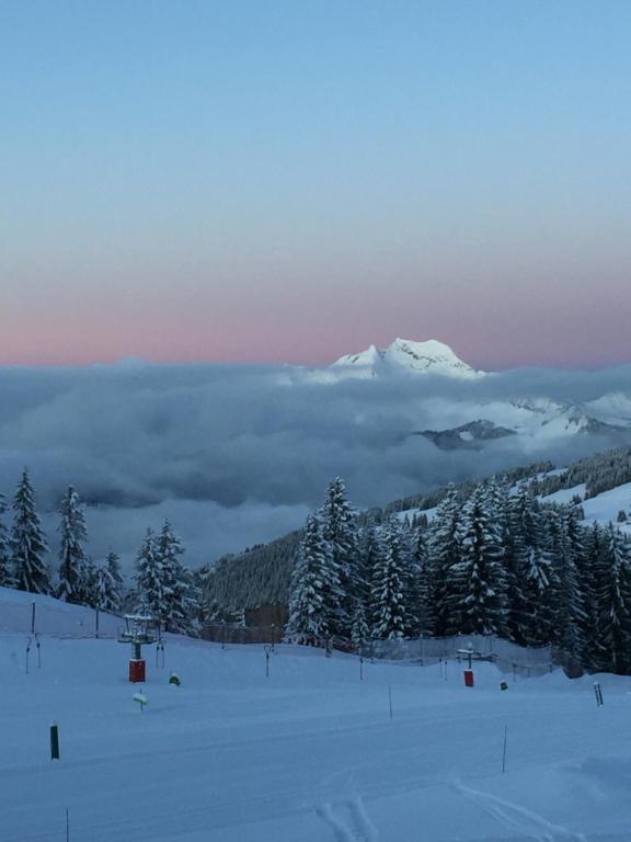 a snow covered mountain in the distance with a layer of clouds at Avoriaz le M1212 in Avoriaz