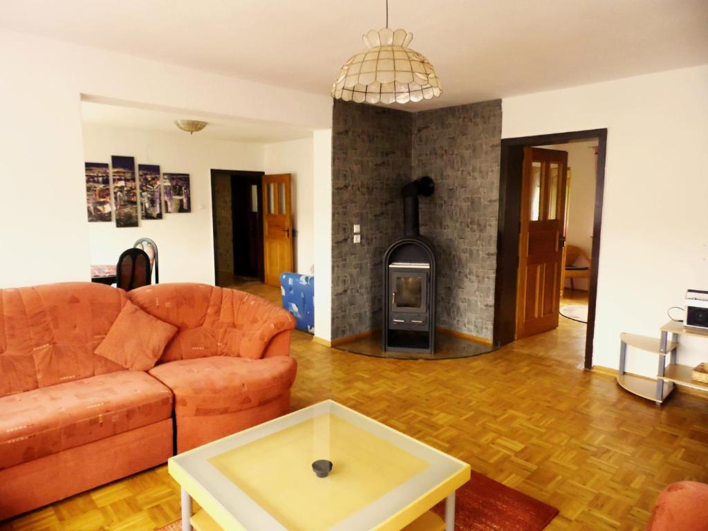 a living room with a couch and a fireplace at Ferienwohnung Hermann in Spangenberg