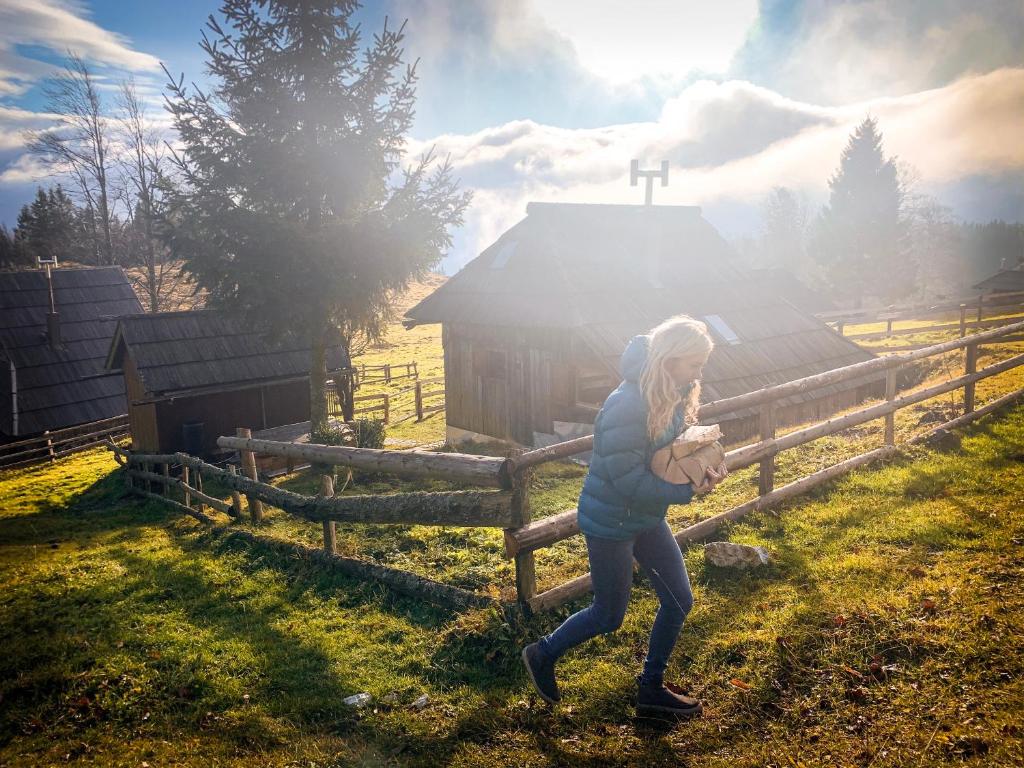 a girl leaning on a fence in a field at Suška Koča in Stahovica