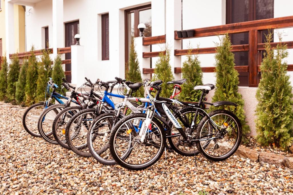 a row of bikes parked in front of a building at Hotel Cider&Squash, Grncarska 8, Prnjavor in Batočina