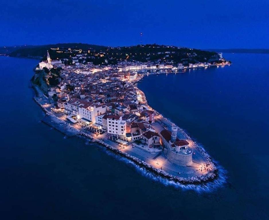 an aerial view of an island in the water at night at Studio Sonja in Piran