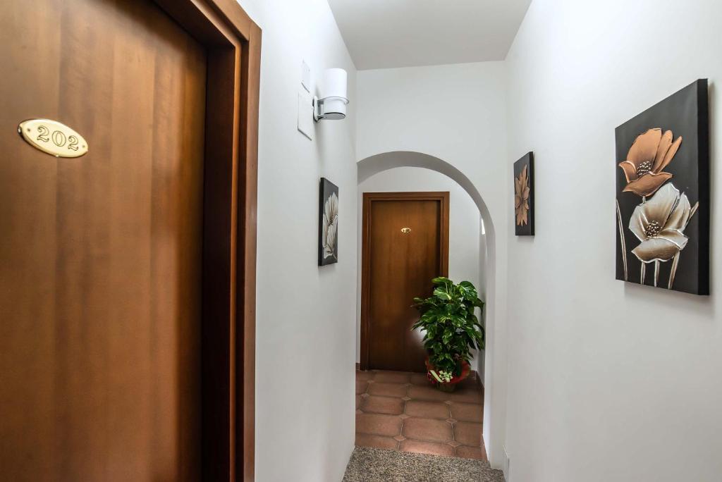 a hallway with a door and a plant at Plaza Rooms Ciampino in Ciampino