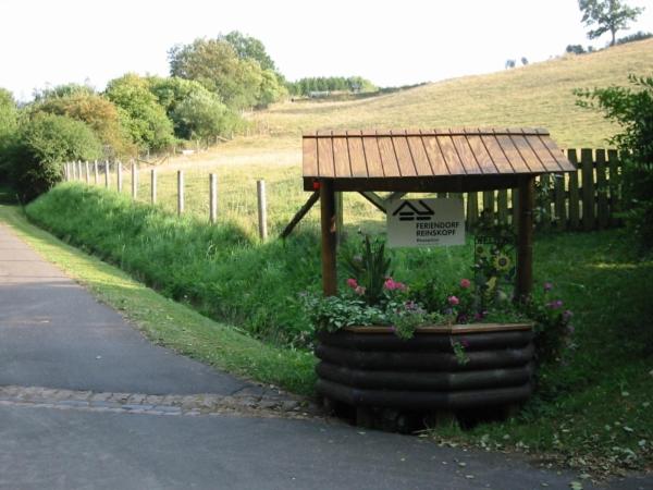 a small garden with a roof on the side of a road at Haus 1 - Typ B (Blockhaus) in Schönecken