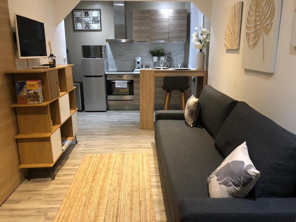 uma sala de estar com um sofá e uma cozinha em T Ô LUBERON em Cavaillon
