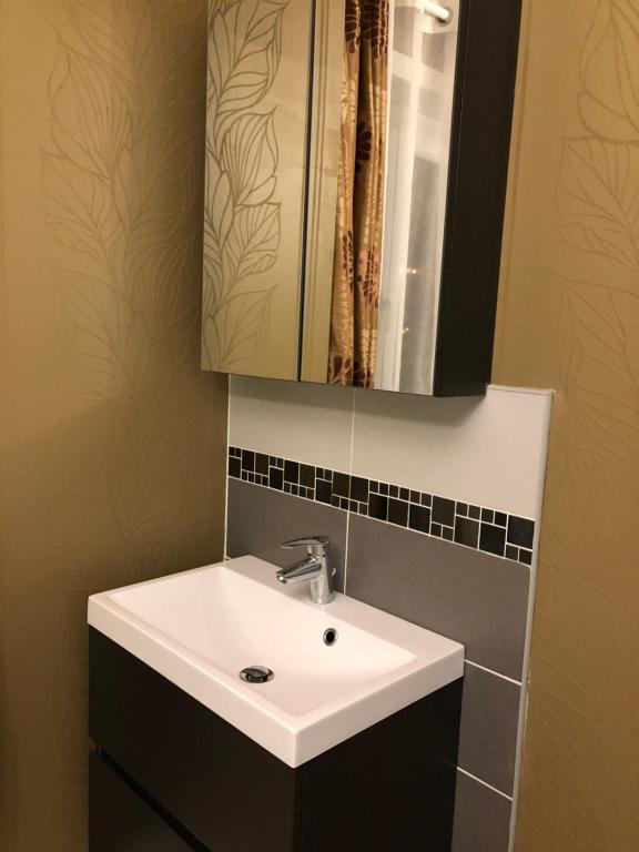 a bathroom with a white sink and a mirror at Chambres privées Calais Ferry-Port-Place d&#39;armes in Calais