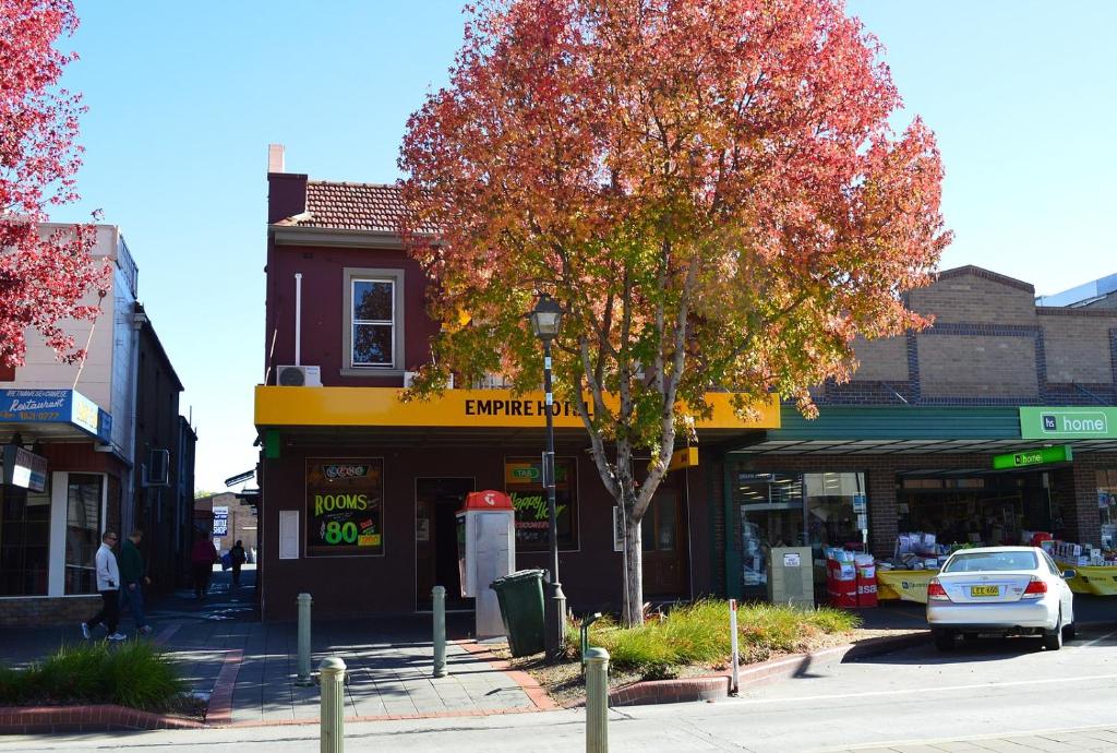 una calle de la ciudad con un árbol delante de una tienda en Empire Hotel Goulburn en Goulburn
