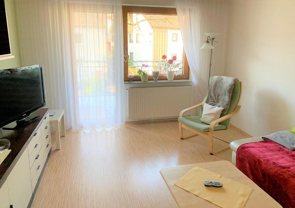 a living room with a flat screen tv and a couch at BodenSEE Apartment Friedrichshafen Manzell in Friedrichshafen